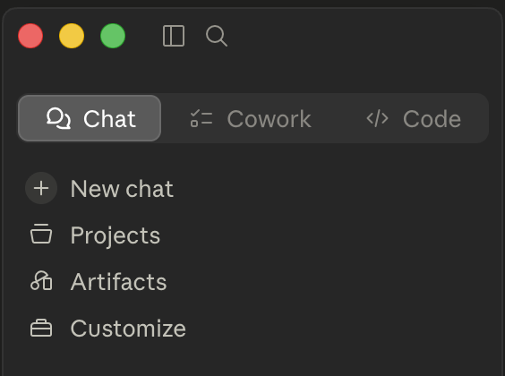 The Claude desktop app, with the Chat, Cowork, and Code modes across the top of the window