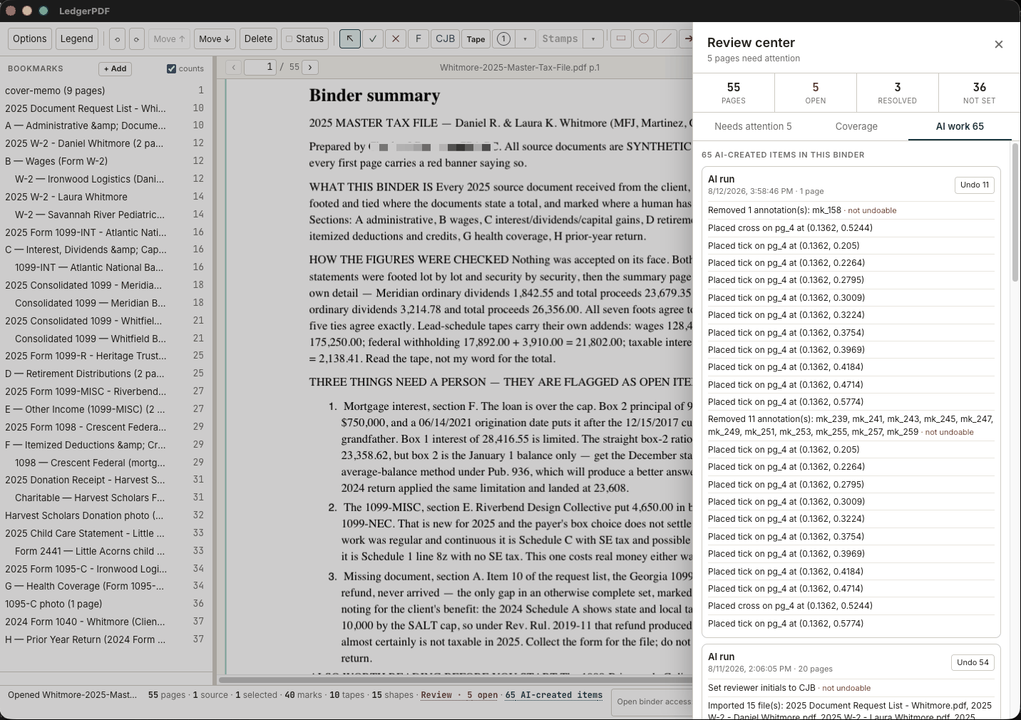 The AI work tab of the LedgerPDF Review Center, listing 65 AI-created items grouped by run and timestamp, each run with its own undo button