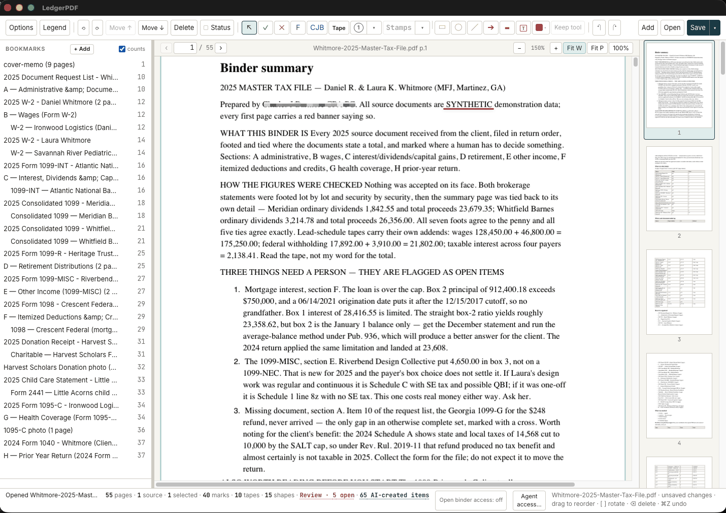 The LedgerPDF binder: a 55-page synthetic tax engagement with bookmarks in return order down the left, the binder summary page in the center, and page thumbnails carrying status and mark counts on the right