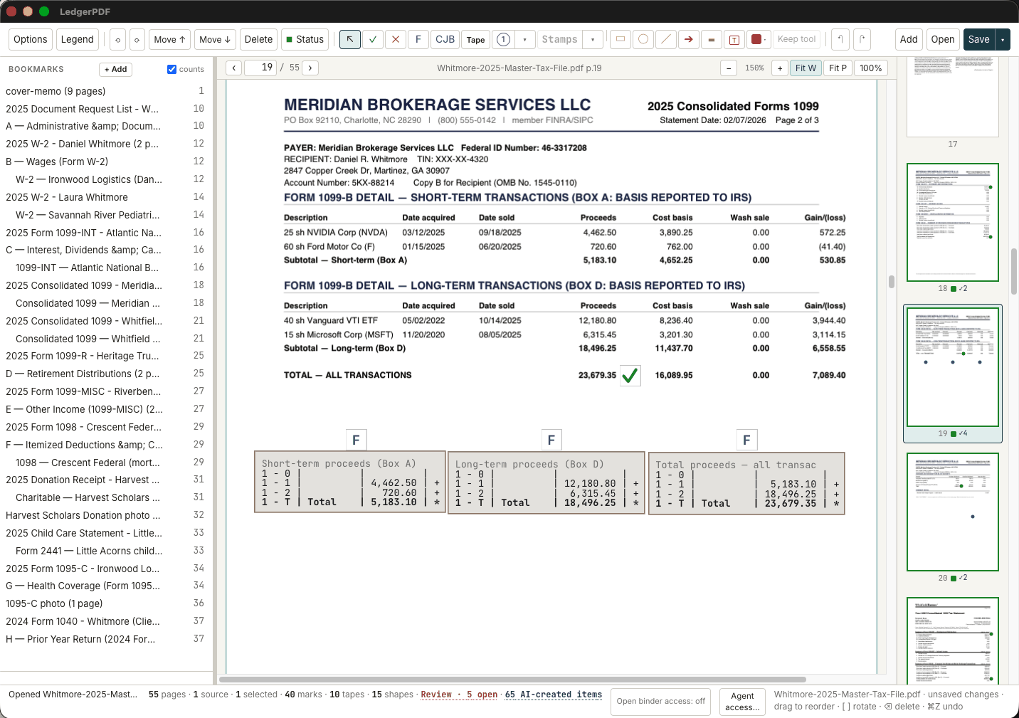 A consolidated 1099 in LedgerPDF with a green tick beside the total and three calculator tapes below the page showing the individual entries behind each subtotal